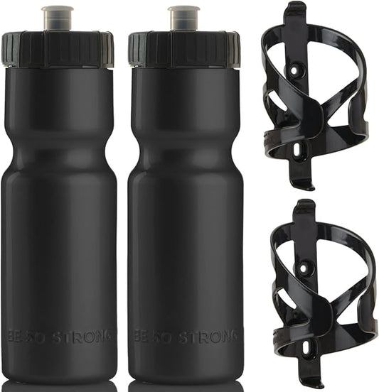 Bike Water Bottle Holder & Bottle Combo – 2-Pack 22 oz Sports Squeeze Bottles with Pull Top Cap & Easy-Install Bike Cage – Made in USA – 50 Strong Brand