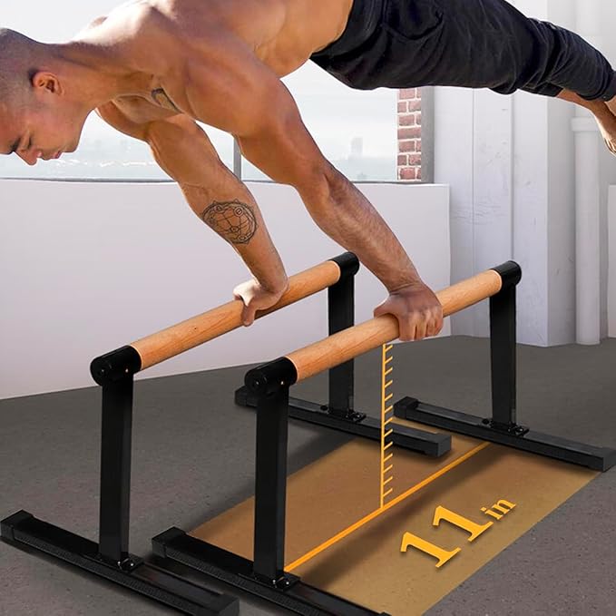 11.8" High Wooden Parallel Bar and Dip Bar with Thick Beech Handles, Push-up Bar, Rock-Free Fitness Equipment for Handstand, L-Sit, Gymnastics, Strength Training Home Gym,440lbs
