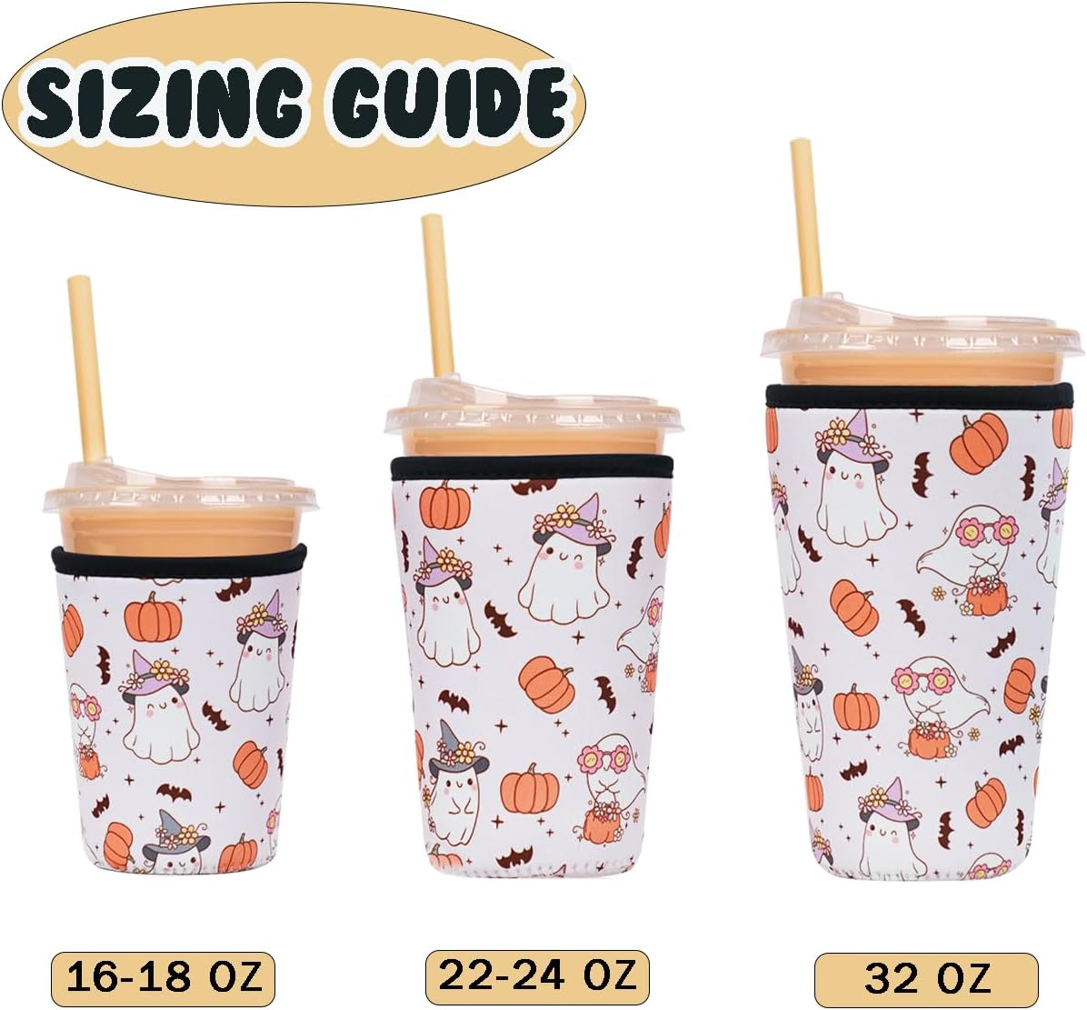 Reusable Insulated Neoprene Iced Coffee Cup Sleeve, Halloween Ghost for Boo Basket Stuffers, Durable Drink Sleeve for Cold Beverages, Beverage Holder for Iced Coffee, Halloween Spooky