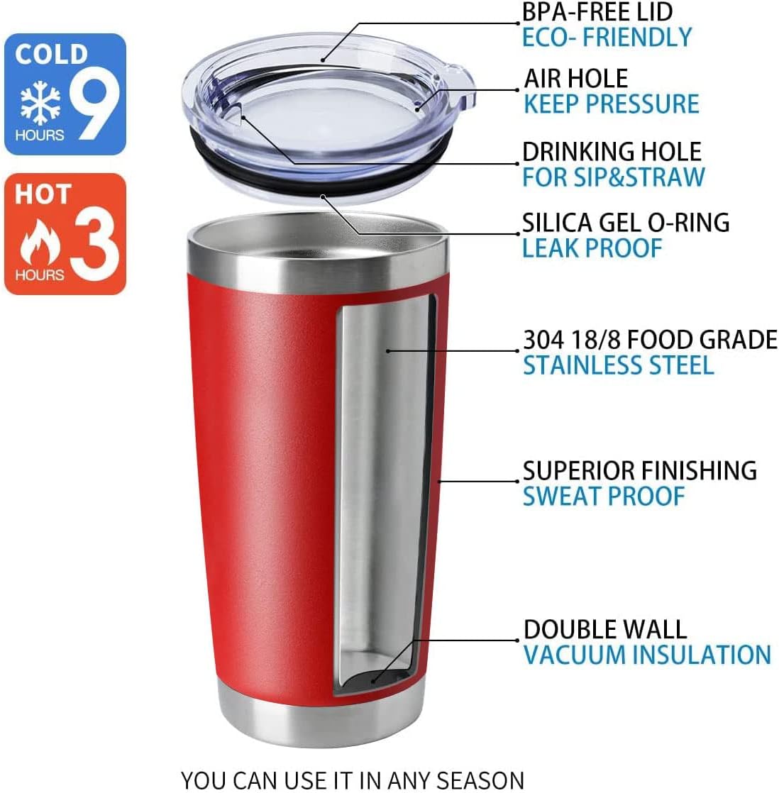 HASLE OUTFITTERS 20oz Tumblers Stainless Steel Mugs with Lid Double Wall Vacuum Insulated Coffee Cups for Cold & Hot Drinks (20oz-Red, 12 Pack)