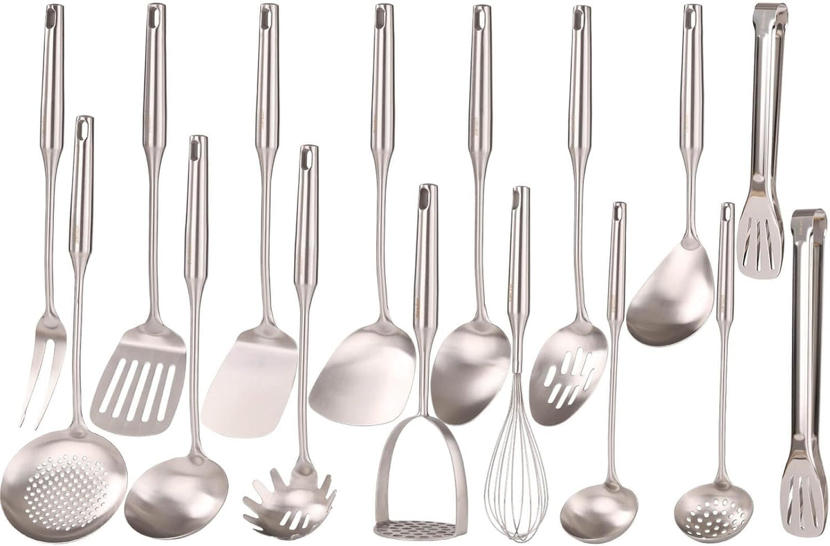 18/10 Stainless Steel Cooking Utensils Set - 16 PCS All Metal Kitchen Tools, Serving Utensils - Whisk, Masher, Fork, Tongs, Solid/Slotted Spoon, Spatula, Turner, Ladle, Skimmer, Pasta, Large Spoon Set