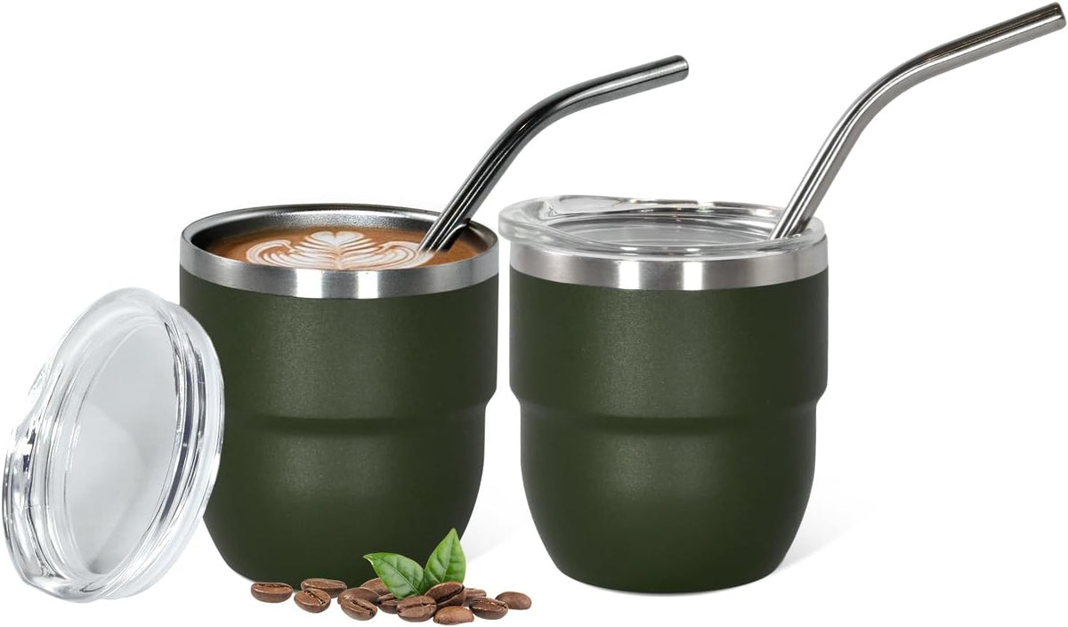 4oz Stackable Cup, Vacuum Insulated Espresso Cup Set of 2, Espresso Shot Glass for Coffee, Double Wall Stainless Steel Mini Tumbler Shot Glasses with Straw and Lid (A-green2P, 4oz)