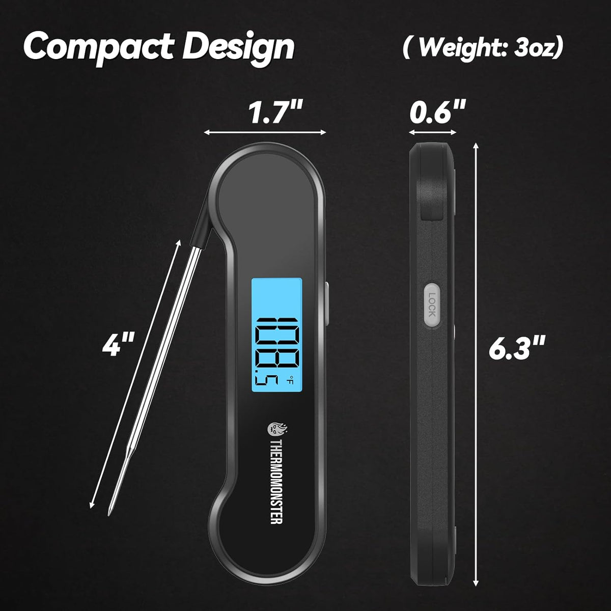0.5 Sec Instant Read Meat Thermometer Digital with ±0.5℉ Precision, 100% Waterproof Auto Flip Bright LCD Screen, Motion Sensing Food Thermometer for Cooking Kitchen Oven Grill Candy BBQ, Black