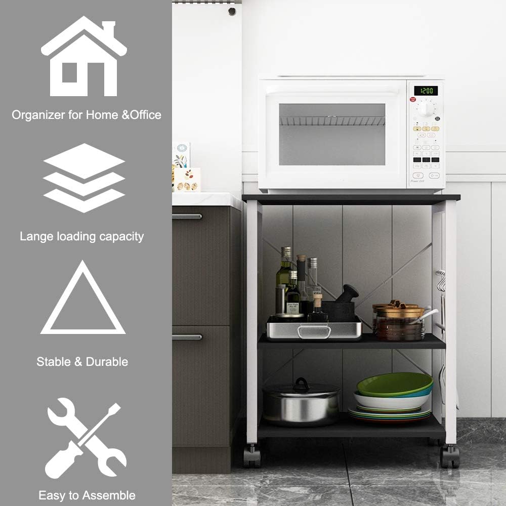 DlandHome Standing Baker's Rack Appliance Table Small Rolling Cart, 3-Tier Kitchen Rack Utility Storage Shelf Microwave Stand, W4-Black