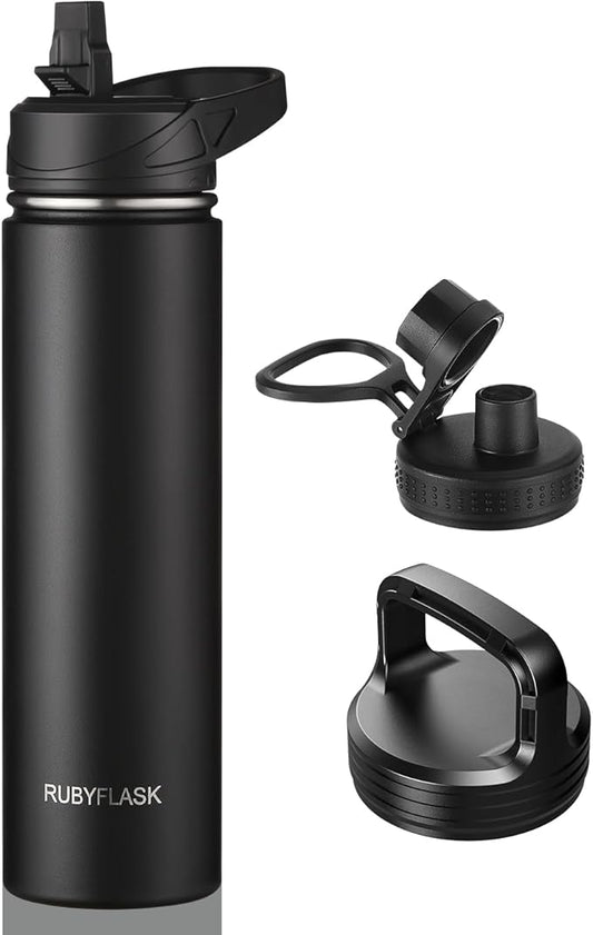 24oz Insulated Water Bottle with Straw, Stainless Steel Metal Vacuum Water Flask, Large Thermal Water bottle with Leakproof 3 Lids for Travel, Camping, Gym Sports Black