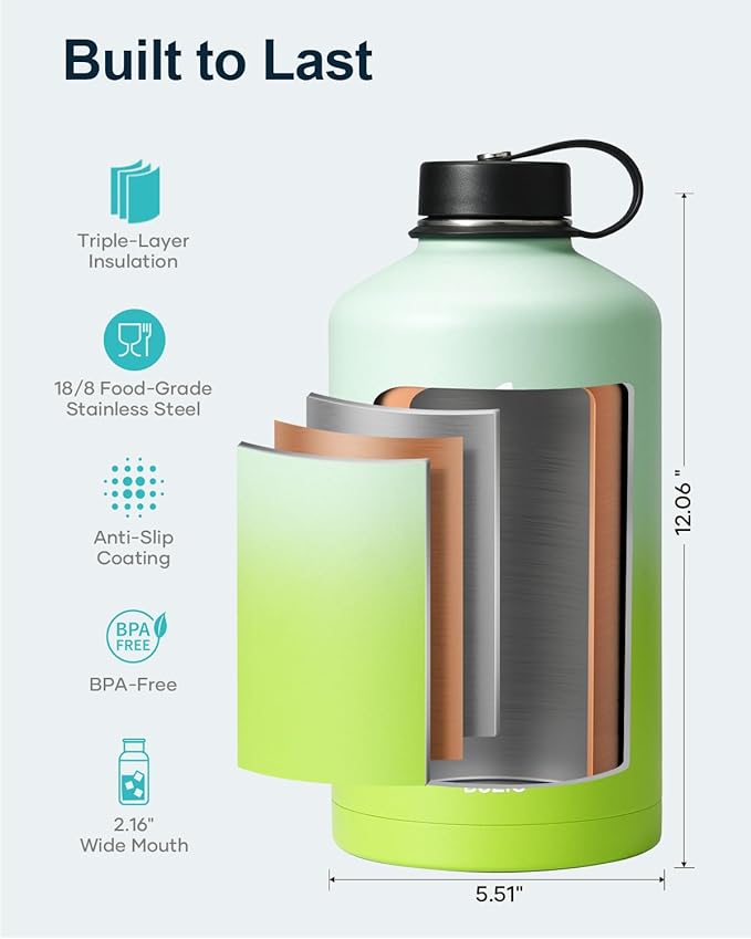 BUZIO 128oz Gallon Water Bottle, Insulated Water Jug with Straw Lid and Carrying Sleeve (Cold for 48 Hrs) Stainless Steel Hydro Metal Canteen Water Flask, Gradient Green