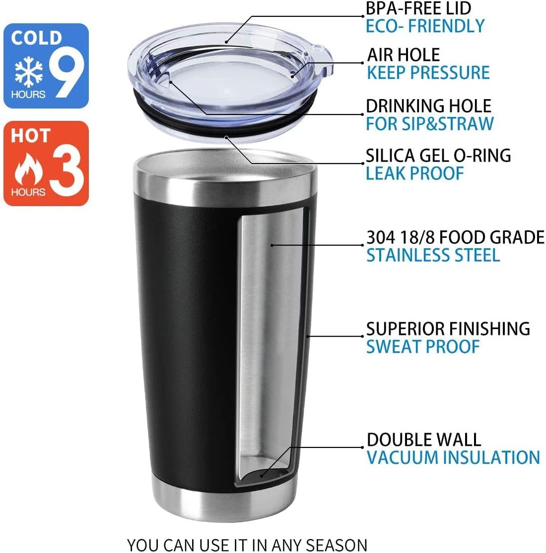 HASLE OUTFITTERS 20oz Tumblers Stainless Steel Mugs with Lid Double Wall Vacuum Insulated Coffee Cups for Cold & Hot Drinks (20oz-Black, 12 Pack)
