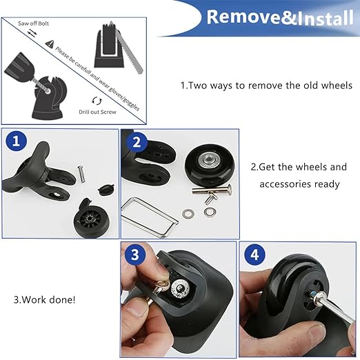 50mm Luggage Set of 4 Replacement Wheels for Trolley Case Travel Bags Caster Inline Roller Swivel Rubber Wheels Bearings Repair Kits with Axles 30mm&35mm&60mm