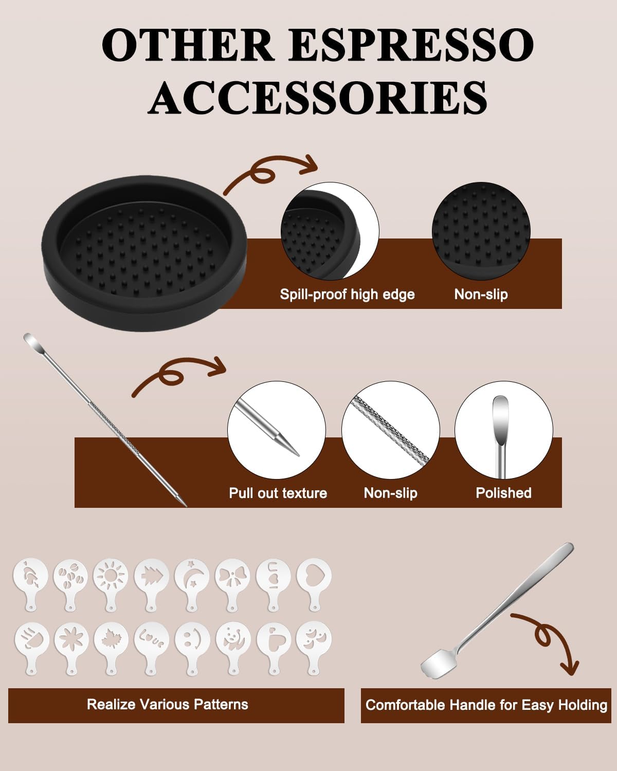 51mm Espresso Accessories Kit, 350ml Milk Frothing Pitcher, Espresso Tamper, WDT Tool & Puck Screen, Dessert Spoons, Tamper Mat, Latte Art Pen &16 PCS Coffee Decorating Stencils