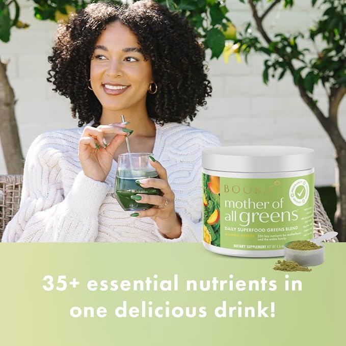 Boobie Mother of All Greens | Your New Family Ritual, Daily Super Greens Powder with 35+ Essential Nutrients for Moms & Families | Vegan, Gluten Free, & Sugar Free | Mango Flavor, 30 svgs