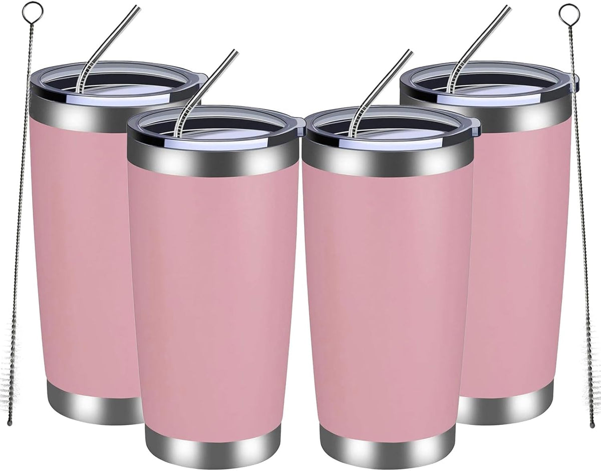 MEWAY 20oz Tumbler 4 Pack Double Wall Vacuum Insulated Travel Mug Bulk, Stainless Steel Tumblers with Lid and Straw, Durable Powder Coated Coffee Cups for Cold & Hot Drinks (Pink, 4)