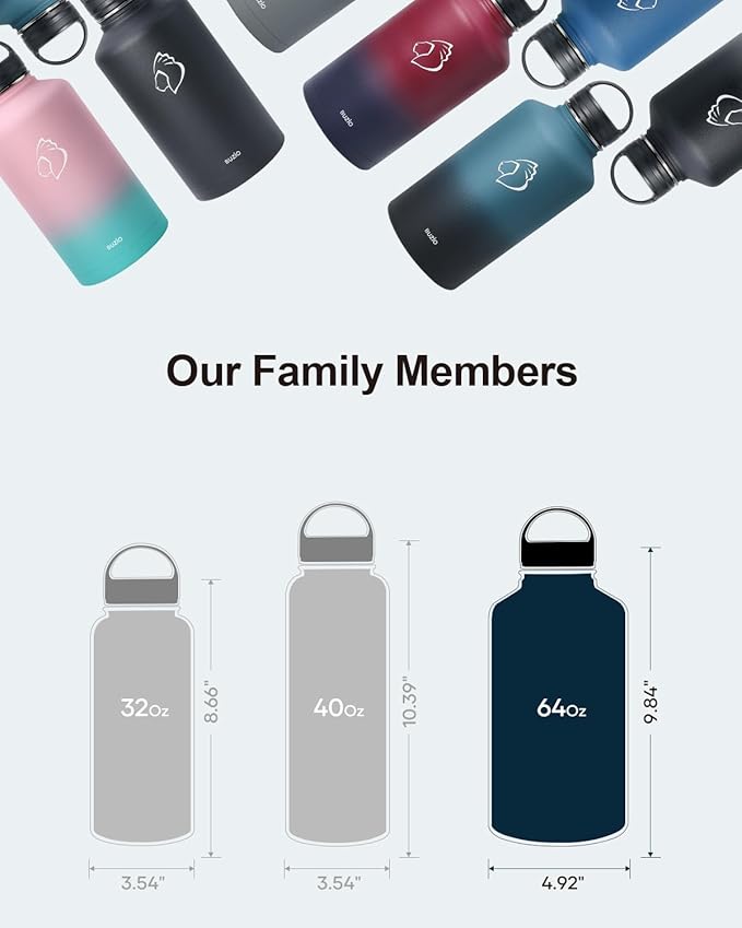 BUZIO 64 oz Water Bottle Insulated with Straw & 3 lid and Carrying Pouch, Leak Proof Half Gallon Stainless Steel Water Flask Jug, Cold for 48 Hrs Double Vacuum Thermo Canteen, BPA-Free, Ruby Red Navy