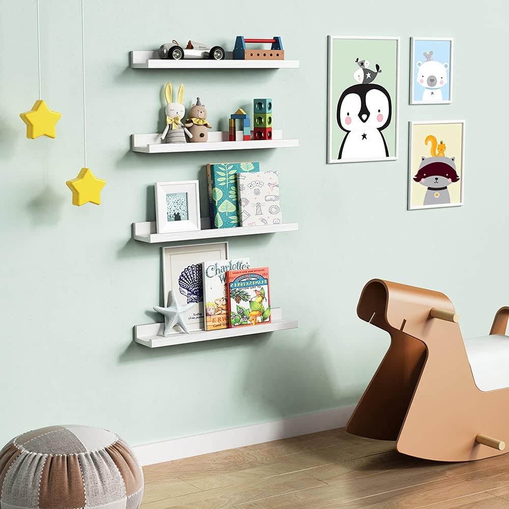 Forbena 24 Inch Floating Nursery Book Shelves for Wall, White Kids Wall Bookshelf for Bedroom, Picture Ledge Shelf with Lip for Baby Bathroom, Living Room Office Art Books (Solid Wood, Set of 4)
