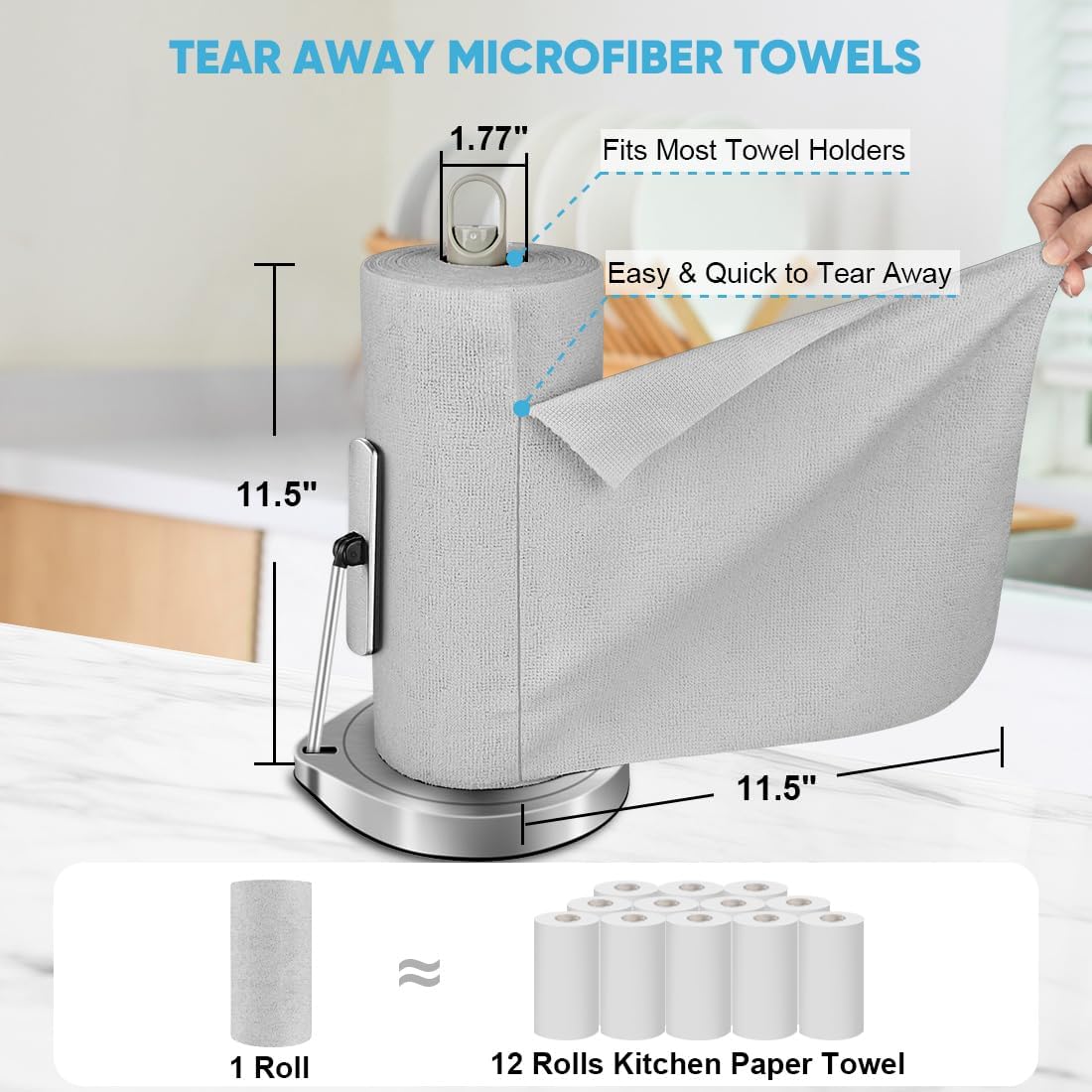 AIDEA Microfiber Cleaning Cloth Roll, 50PK, Paper Towels Reusable Grey Tear Away Towels, Washable Shop Rags, Microfiber Towels for Cars, Lint Free Rags for House, Kitchen, Window,11.5"×11.5"