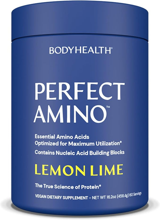 BodyHealth PerfectAmino Powder - BCAA and EAA Powder for Pre and Post Workout - Amino Acid Energy Drink for Men and Women to Support Lean Muscle and Recovery - Lemon Lime - 60 Servings