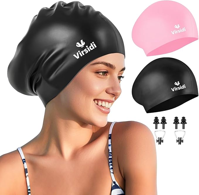 2 Pack Large Swim Caps for Long Hair, Silicone Swimming Cap for Adult Women Men, Waterproof Swim Hats Bathing Caps to Keep Hair Dry with Bonus Nose Clip and Earplugs