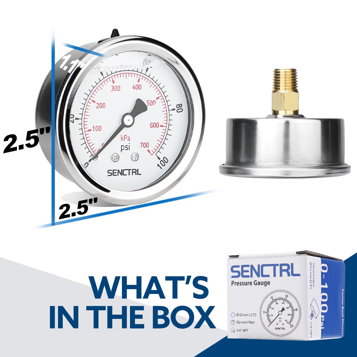SENCTRL 0-100 Psi Glycerin Liquid Filled Low Pressure Gauge, 2.5" Dial Size, 1/4" NPT Back Mount, Stainless Steel Case, for Water Pump, Pneumatic Air, Well, RV Hose Tank, Pressure Test