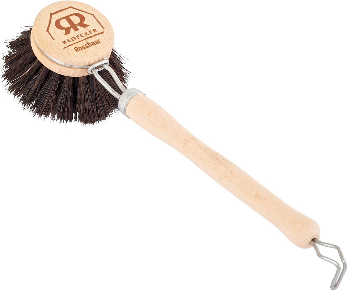 REDECKER German-Made Horse Hair Dish Brush, Soft All-Purpose Scrubber for Kitchen & Household with Strong Horse Hair Bristles, 2 inch Replaceable Brush Head, Set of 2, 9-inches Long