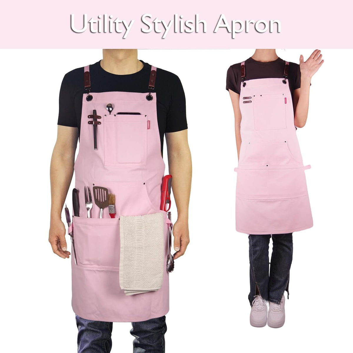 5 Pack Kitchen Apron, Work Apron, Canvas, Multiple Pockets, Gardening, Painting, BBQ, Artist, Carpenter, Sizes M to XXL, Pink