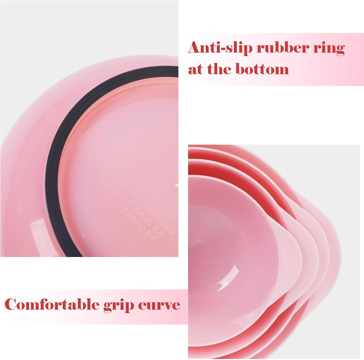 BoxedHome 4 Quart Large Plastic Mixing Bowls, Microwave Safe Mixing Bowl Set with Pour Spout, Nesting Bowls for Space Saving Storage(Fading Rose)