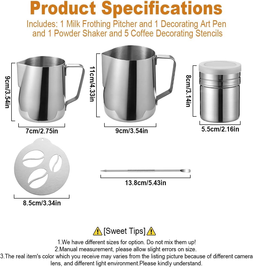 4Pieces Stainless Steel Milk Frothing Pitcher Set, Latte Art Barista Steaming Pitchers Set -Include Milk Frother Cup, Latte Art Pen, Powder Shaker, 5pcs Coffee Decorating Stencils (600ml/20oz)