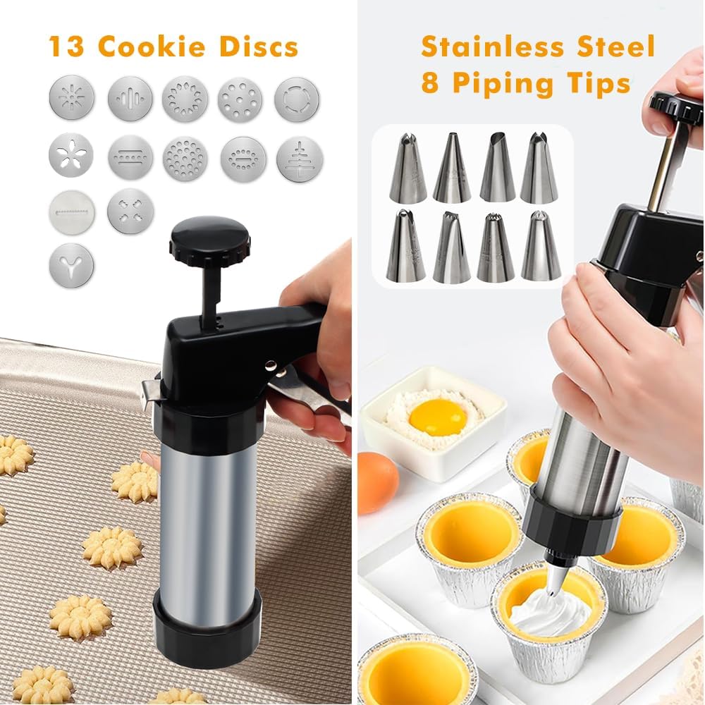 Stainless Steel Cookies Press, Cookies Press for Baking,Cookie Press Gun Kit with 13 Cookie Discs and 8 Piping Tips for DIY cake Maker Decorating Baking Supplies