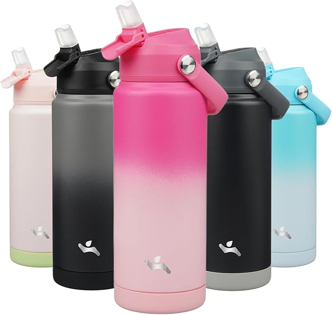 Insulated Water Bottle with Straw Lid,24 oz Stainless Steel Vacuum Metal Bottle with Silicone Handle,Cherry Blossom