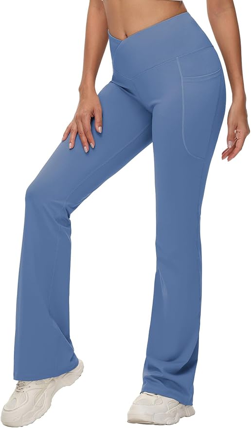 baleaf Women's V Crossover Flare Leggings with Pockets Yoga Pants High Waist Casual Workout Gym Bell Bottom Leggings