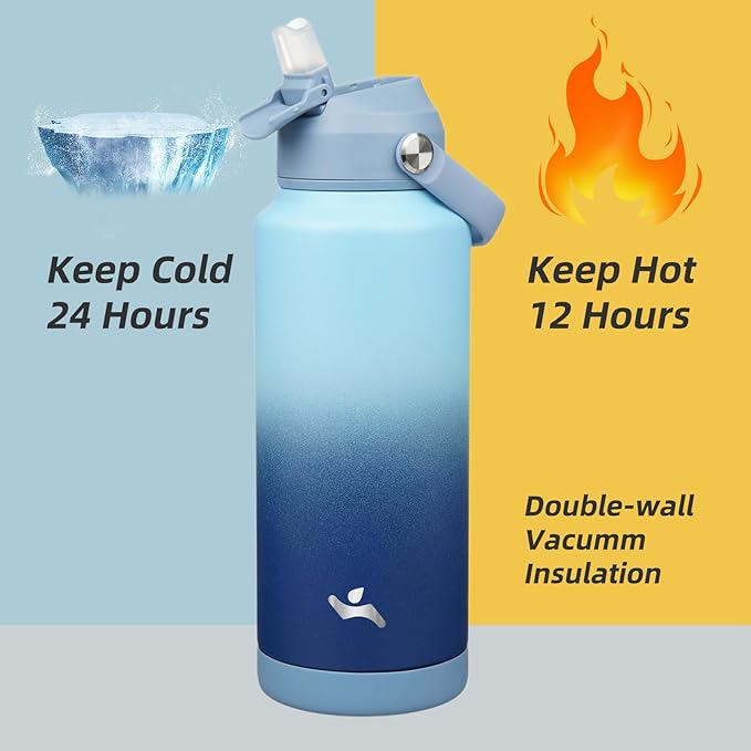 Insulated Water Bottle with Straw Lid,32 oz Stainless Steel Vacuum Metal Bottle with Silicone Handle, Sky