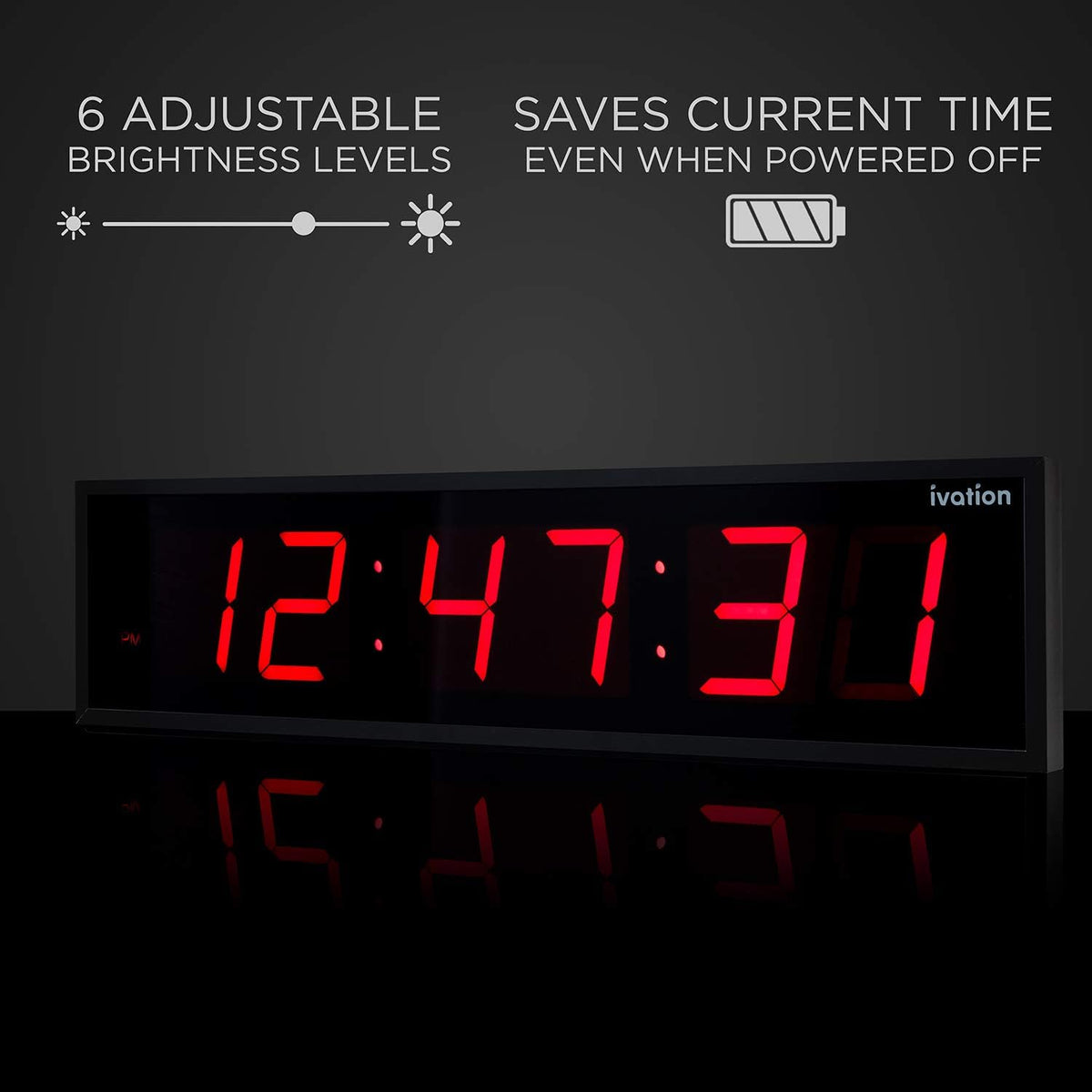 Ivation Huge Oversized 60" Large Digital LED Clock | Big Digital Clock w/Multi-Function Display – Stopwatch, Timer, Alarms, Temp & Date | 6 Brightness Levels, Time Memory & Remote (Red)