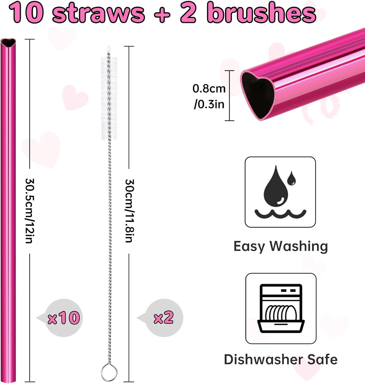 NiHome 10-Pack Heart-Shaped Stainless Steel Drinking Straws with 2 Cleaning Brushes, 12" Long Reusable Straws for Stanley Tumbler 30oz 40oz, Dishwasher Safe, Safe Edges for Kids (Pearl Hot Pink)