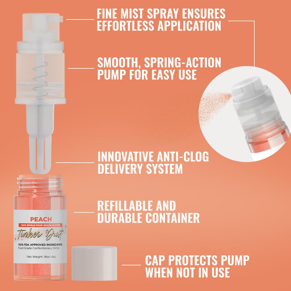 Bakell - Peach Tinker Dust (4g, 1x Mini Spray Pump) Edible Glitter for Food, Desserts, and Beverages!
