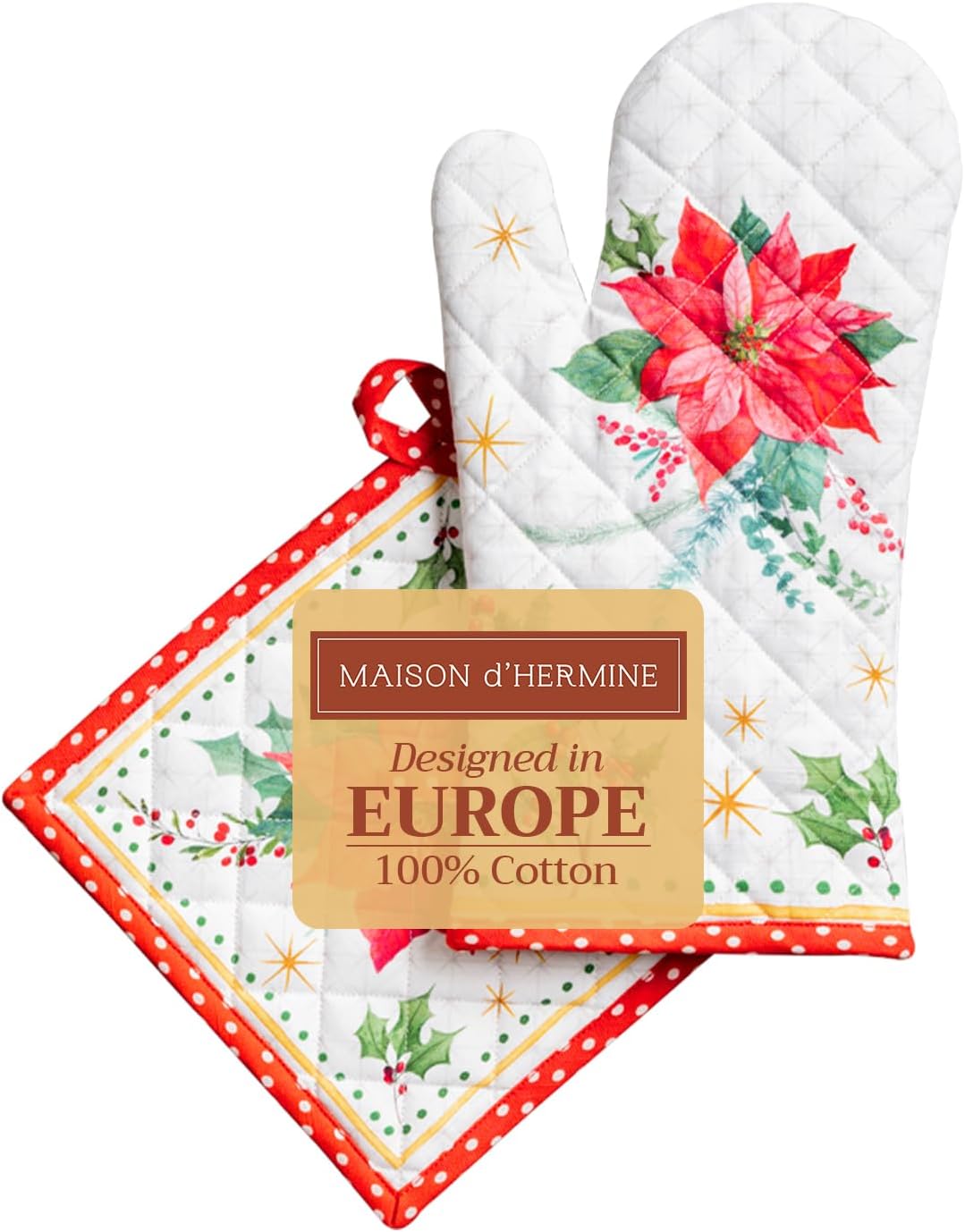 Maison d' Hermine 100% Cotton Oven Mitt & Pot Holder Set (7.5"x13" & 8"x8") Heat Resistant BBQ Cooking Gloves with Loop, Baking, Grilling, Kitchen, Handling Hot Pans (Poinsettia Christmas)