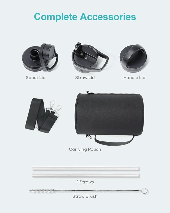 BUZIO 32 oz Water Bottle Insulated with Straw & 3 lid and Carrying Pouch, Leak Proof Anti-Slip Stainless Steel Water Flask Jug, Cold for 48 Hrs Double Vacuum Thermo Canteen, BPA-Free, Black