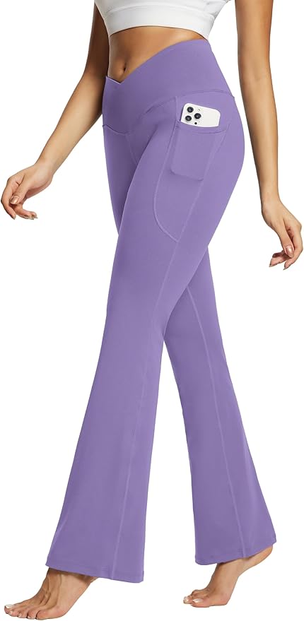 baleaf Women's V Crossover Flare Leggings with Pockets Yoga Pants High Waist Casual Workout Gym Bell Bottom Leggings
