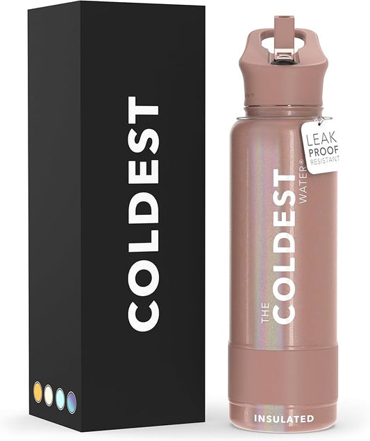 Coldest Insulated Water Bottle with Straw Lid - Stainless Steel Metal Insulated Bottle for Men & Women (Golden Rose Glitter, 40 oz)