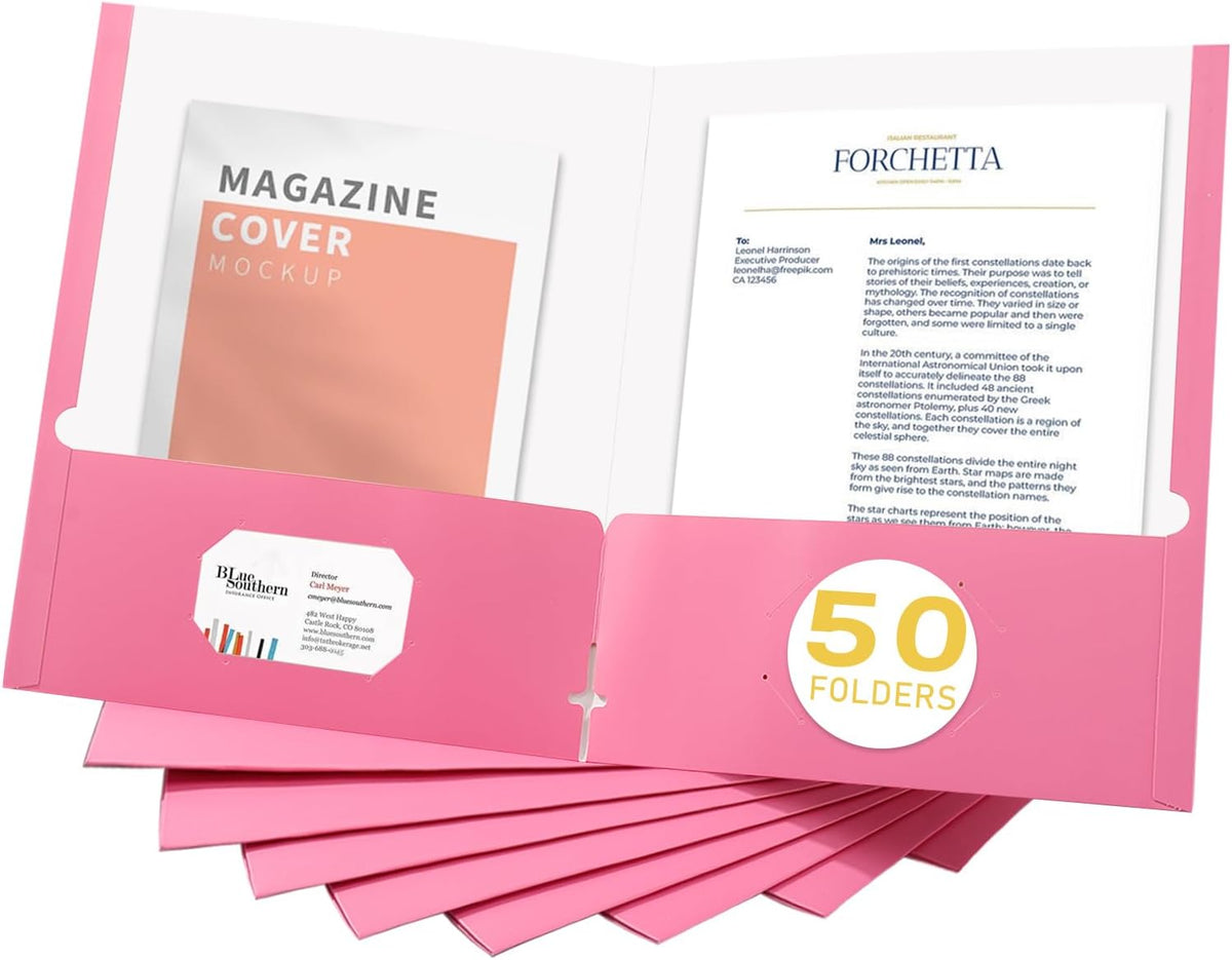 Zzrywuty File Folders with Pockets Letter Size, 50-Pack Paper Folders with Card Slot, Two Pocket Folders for School Students, Businessmen, Home and Office Workers（Pink）