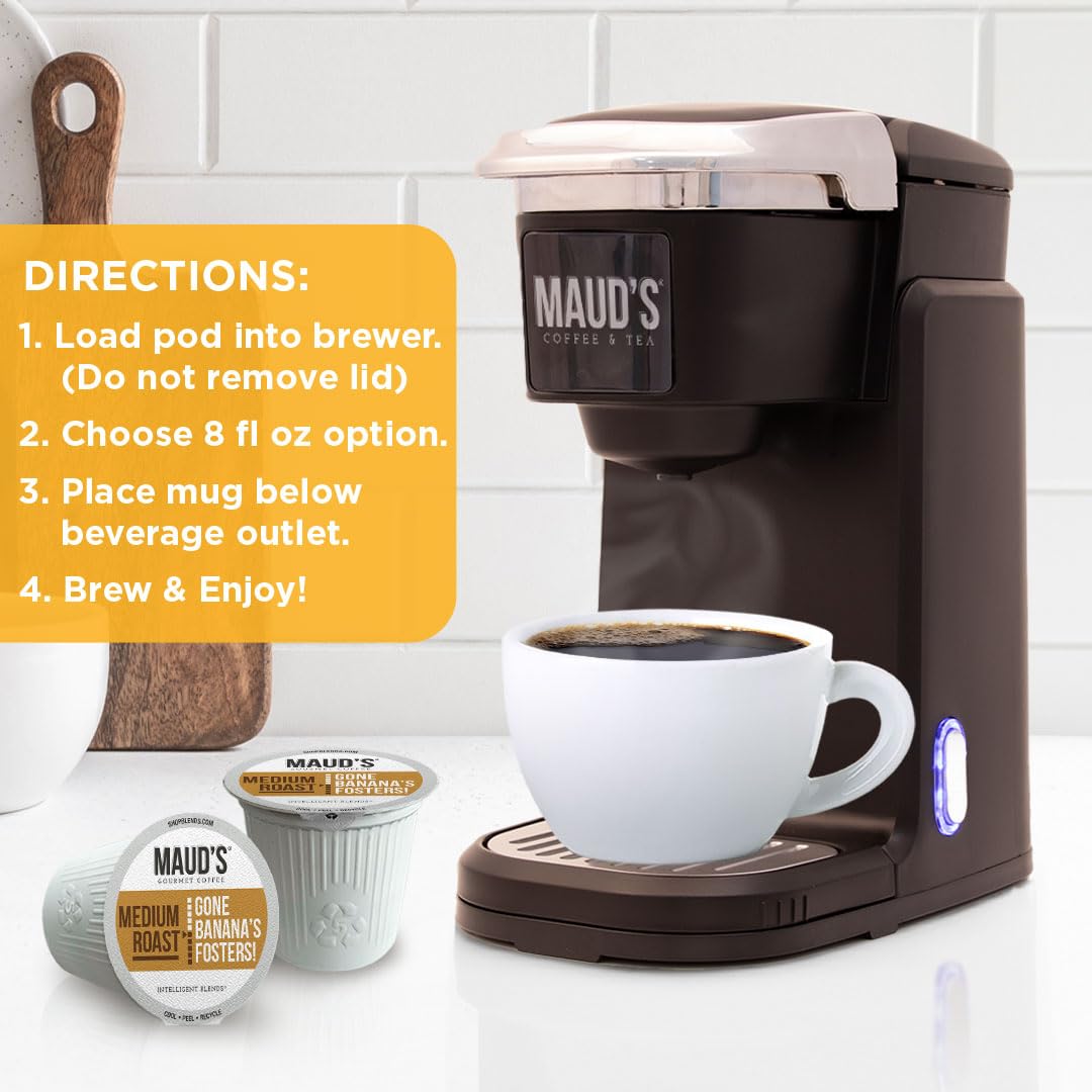 Maud's Banana Flavored Coffee Pods, 50 ct, Medium Roast Flavored Coffee in Recyclable Single Serve Pods – 100% Arabica Beans, Compatible with Keurig K Cups Maker