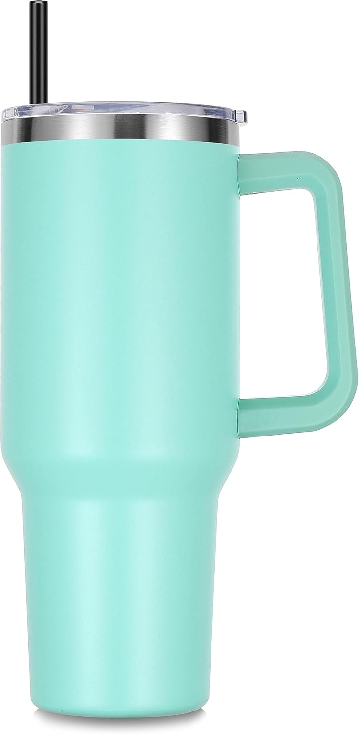 DOMICARE 40 oz Tumbler with Handle and Straw, Stainless Steel Tumbler with Lid and Straw, Reusable Vacuum Insulated Cup, Travel Coffee Mug, Mint Green, 1Pack