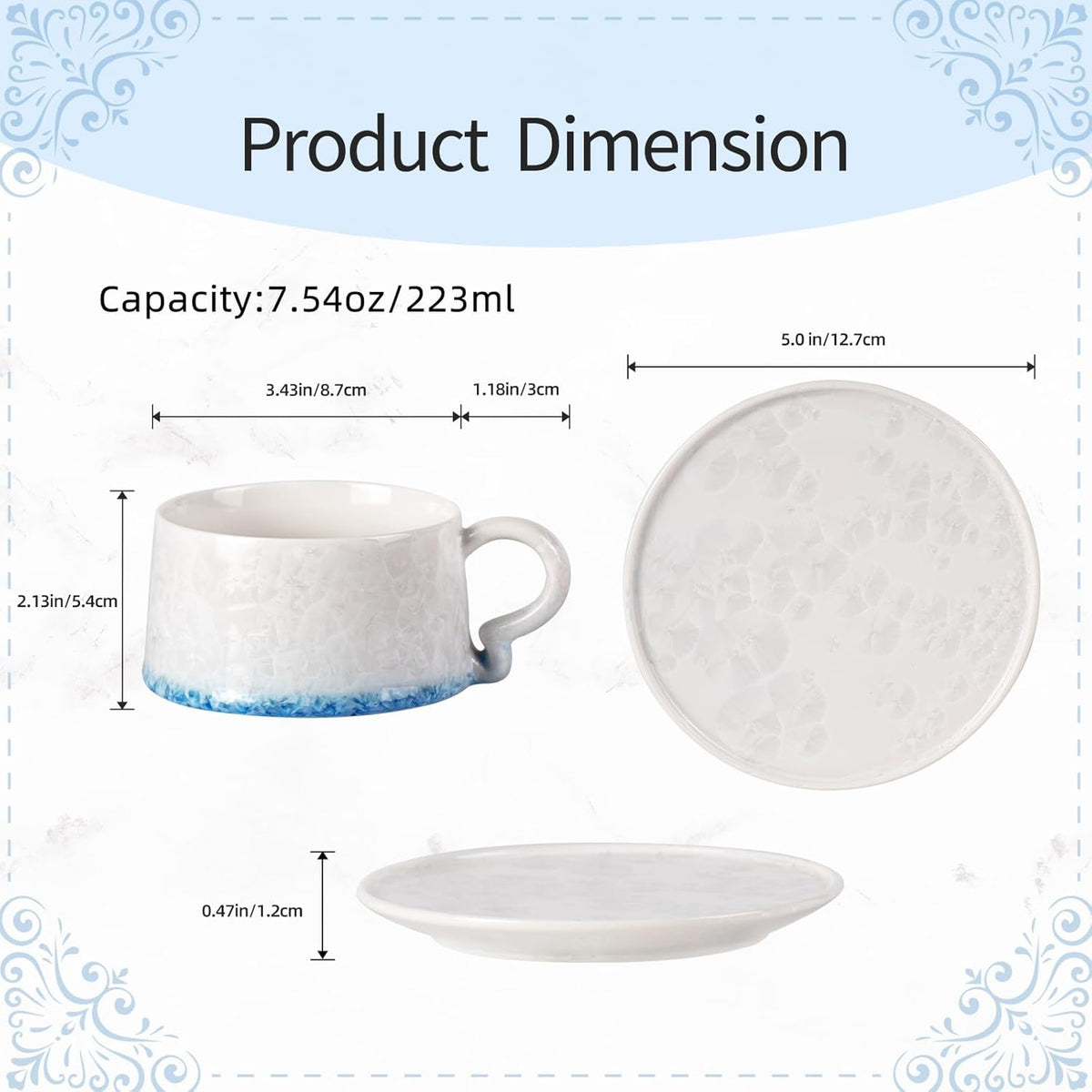 KAMMAK Tea Cups and Saucers set of 2, Porcelain Coffee Cups, 7.5oz Crystalline Glaze Espresso Mugs, Ceramic Demitasse for Coffee, Cappuccino, Latte, Americano, Tea (Dark Blue and White Blue)