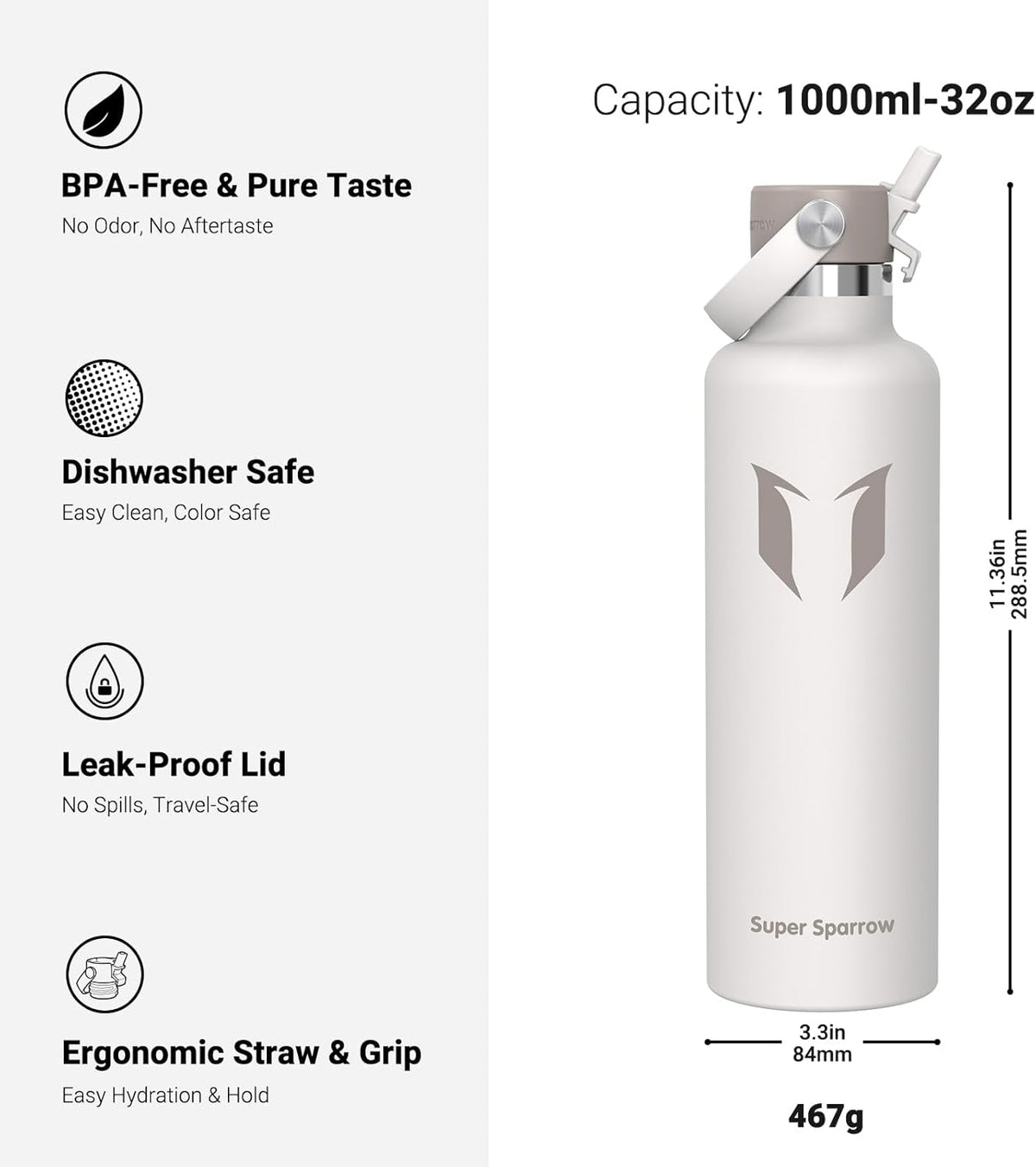 Super Sparrow Insulated Water Bottle - 17 Oz / 25 Oz / 32 Oz - Standard Mouth FlipFlow Flask - BPA Free, Leak Proof Drink Bottle- Ergonomic Straw Water Bottles for Work, Gym, Travel, Sports