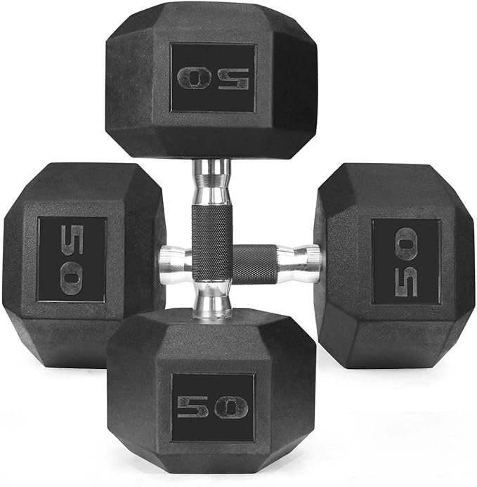 WF Athletic Supply Rubber Encased Hex Dumbbells with Rubber Grip Contoured Handle for Muscle Toning, Strength Building & Full Body Workout