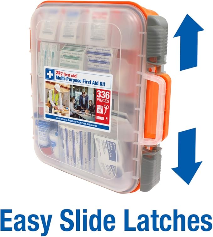 24/7 First Aid OSHA Compliant First aid Kit, All-Purpose 100-Person Emergency First Aid Kit for Business, Home, and Car in Plastic Case with Easy-Slide Latches, 336 Pieces