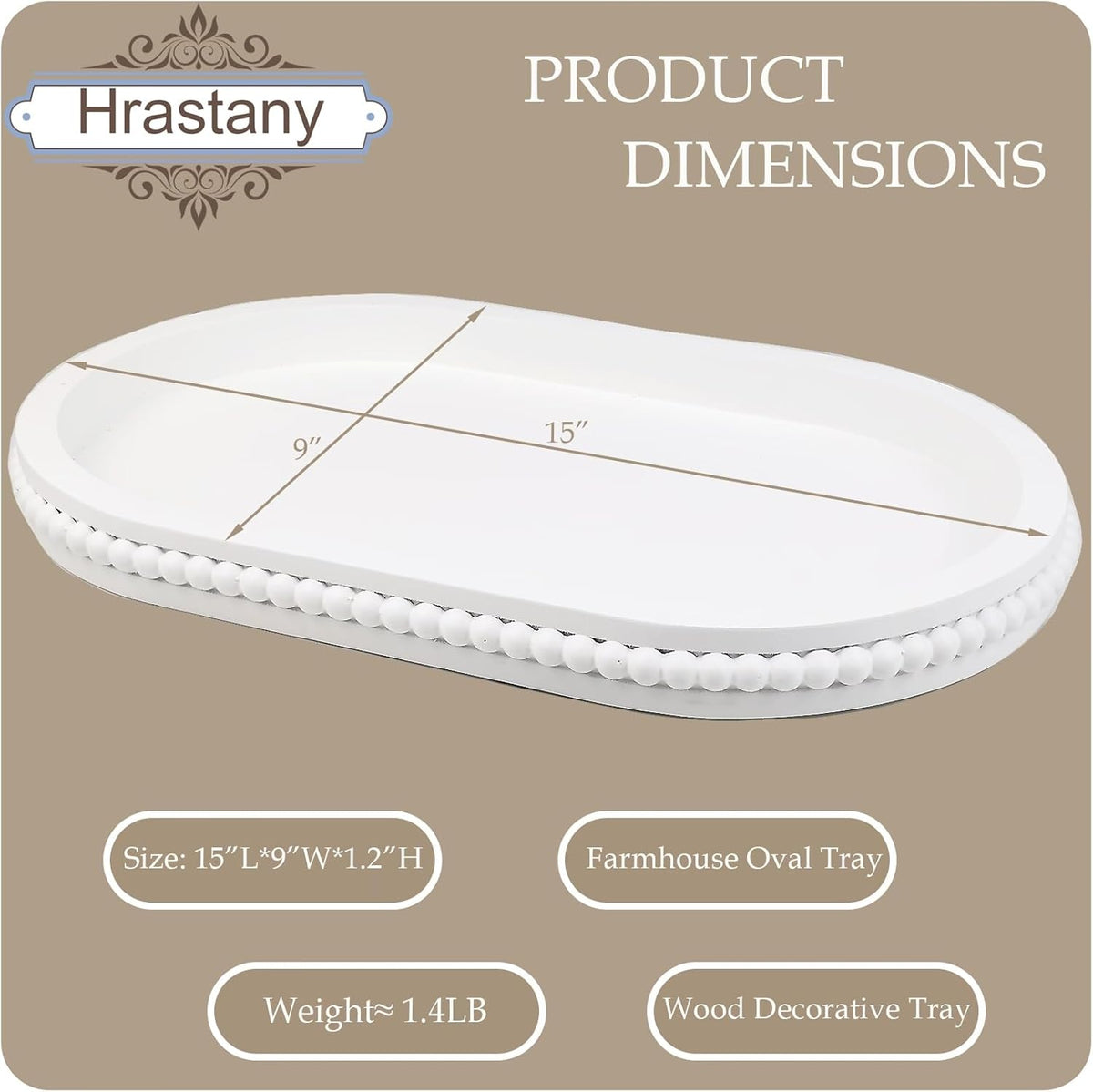Oval Wood Serving Tray with Wooden Beads, Outdoor Farmhouse Decorative Tray for Ottoman, Coffee Table, Kitchen Counter Organizer, Home Decor(White)