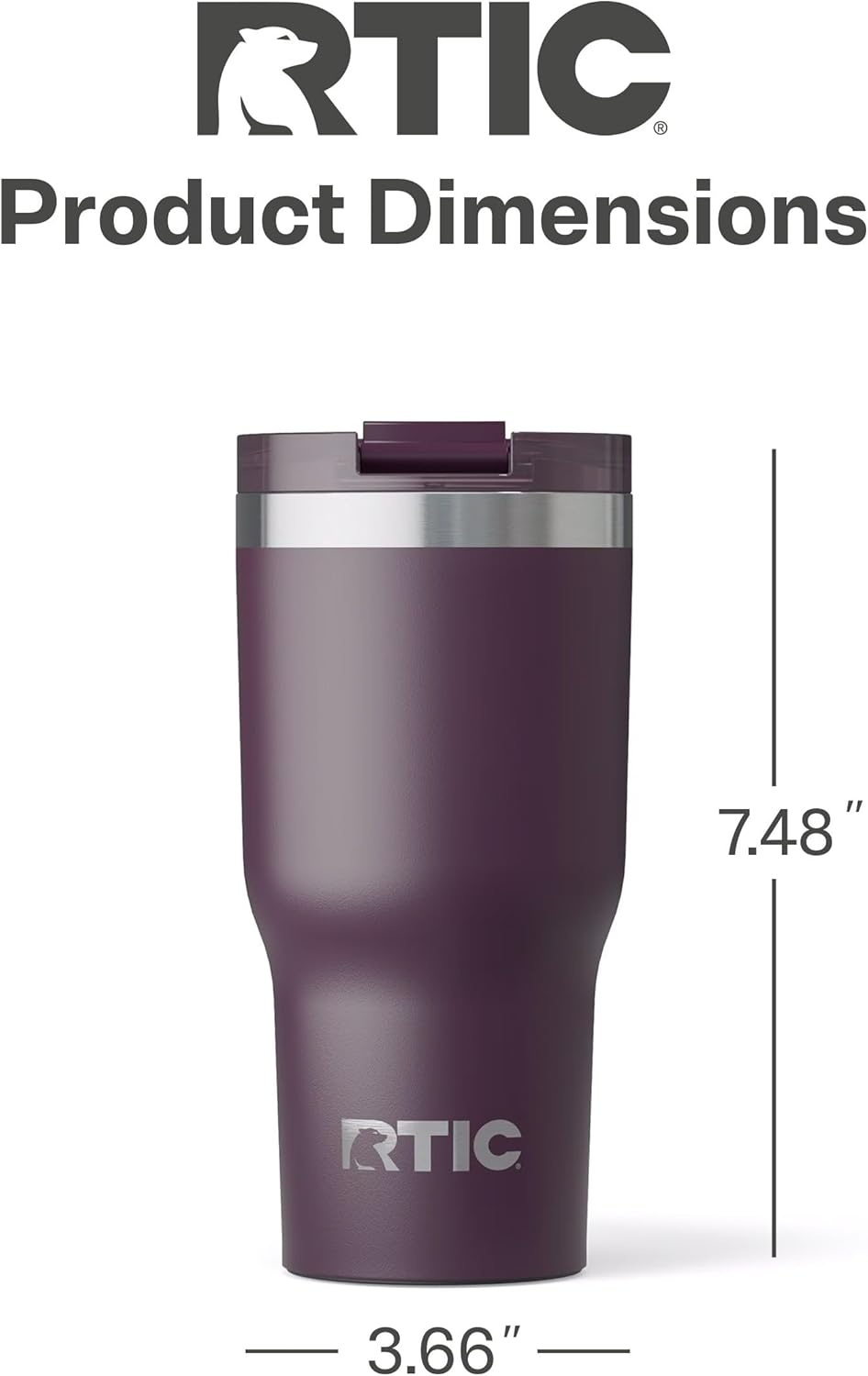 RTIC 20oz Essential Tumbler with Lid, Insulated, Stainless Steel, Metal, Double Wall Vacuum-Insulation, Ceramic Lined, Travel Cup for Iced Coffee, Tea, Hot and Cold Drink, Plum