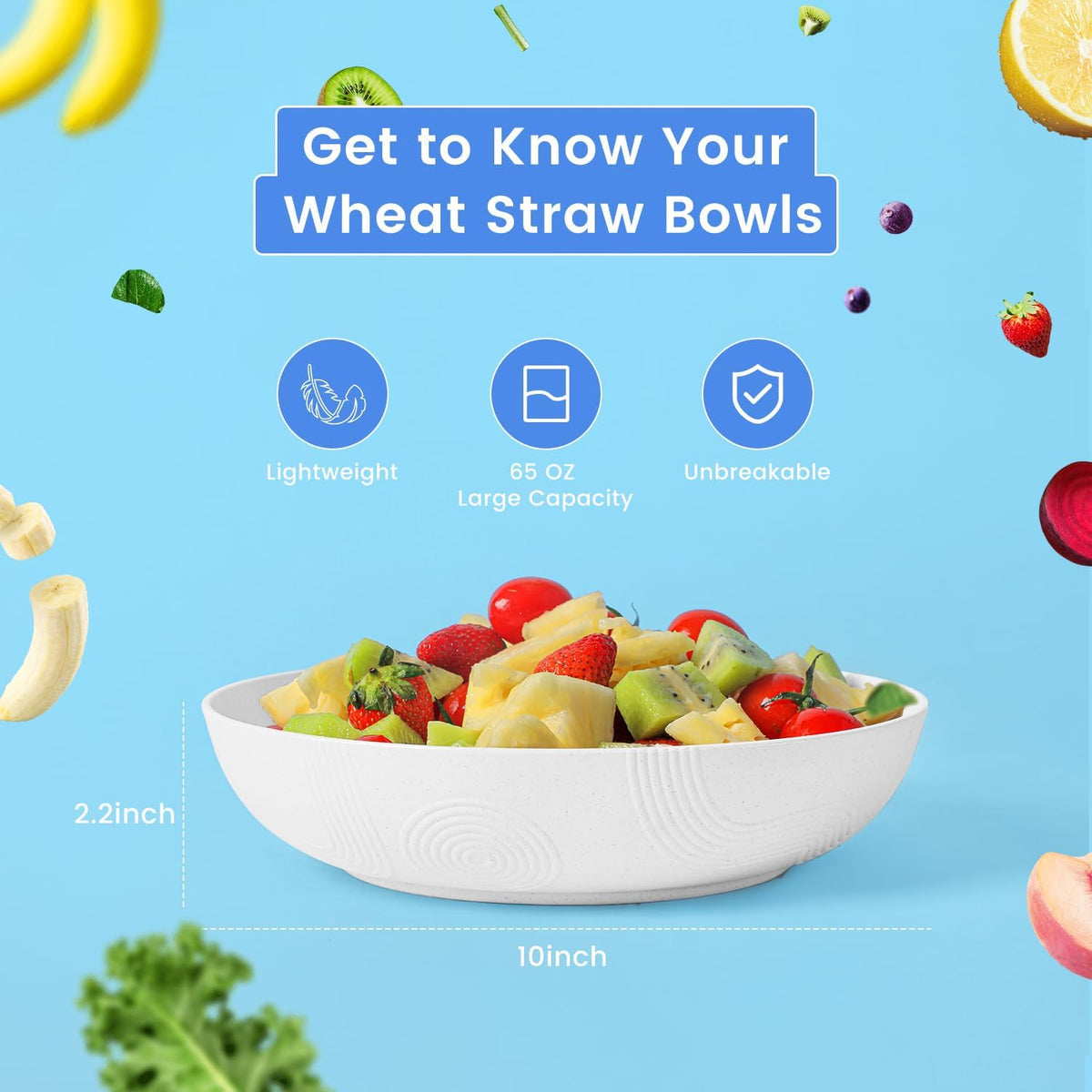 Homienly Wheat Straw Bowls,Large Salad Bowls Set of 2,Big bowls 60 OZ, Unbreakable Serving Bowls, Bowl Plates, Microwave & Dishwasher Safe Bowl Set for Outdoor, Kitchen, Serving, Camping (White)