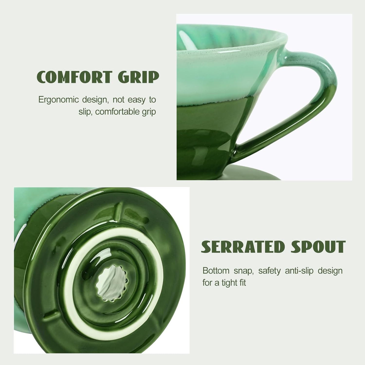 Ceramic Coffee Dripper Filter 02-4Cup Pour Over Coffee Dripper, 60 Angle Cone Ceramic Hand Brew Coffee Cup Retro Filter Set Reusable Portable Coffee Maker (Green)