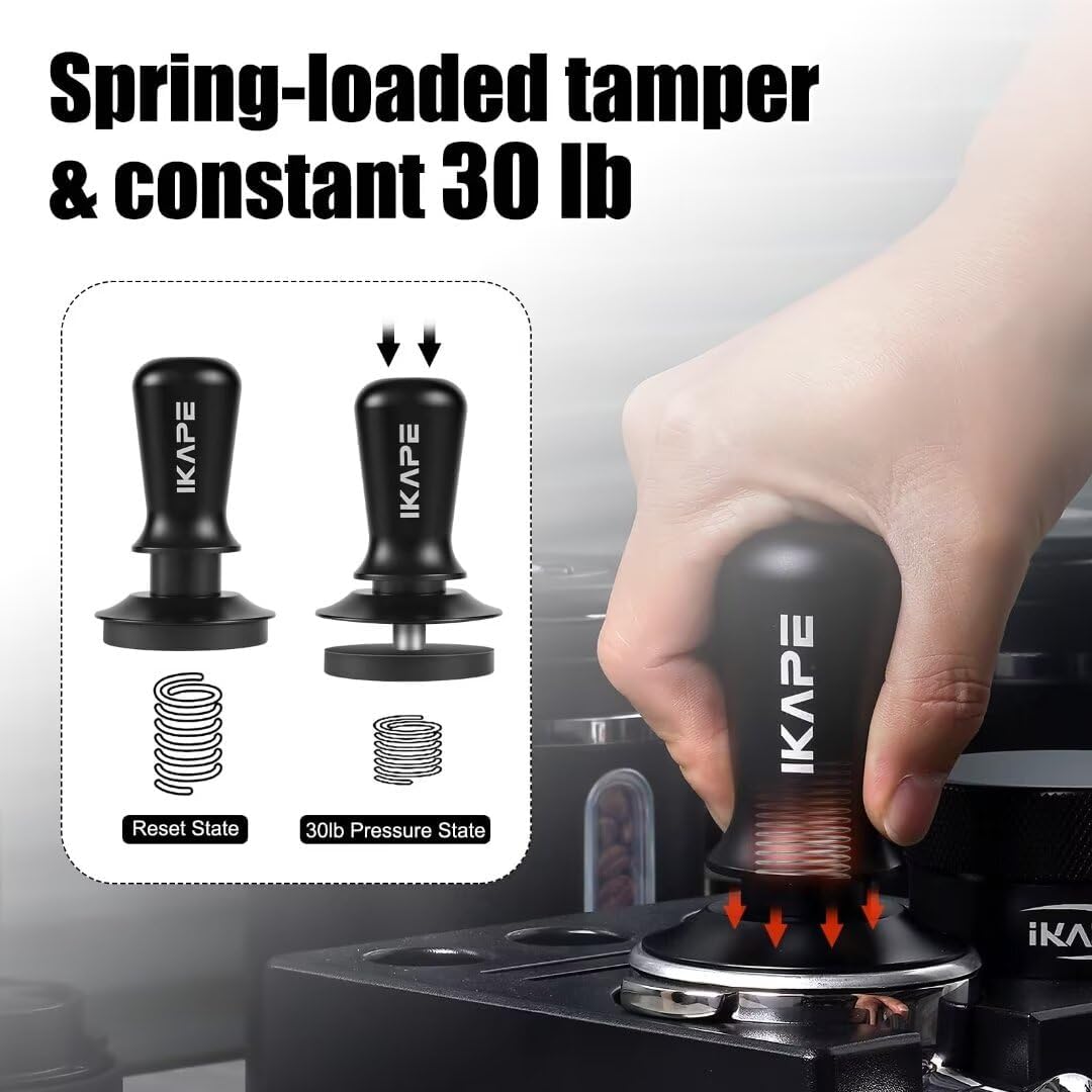 IKAPE 51mm Espresso Tamper, Spring-loaded Calibrated Tamper with Titanium Ripple Plating Base, Compatible with Over 51MM Espresso Bottomless Portafilter