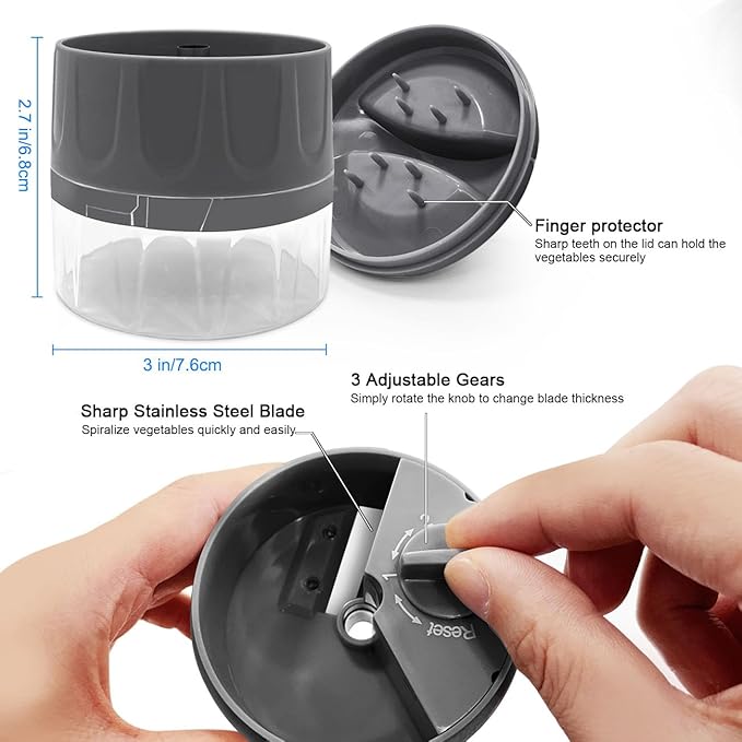 3 in 1 Vegetable Spiralizer Slicer, Adjustable Zucchini Carrot Noodle Maker, Cucumber Spiral Cutter, Easy to Use Kitchen Tool（Dark Grey）