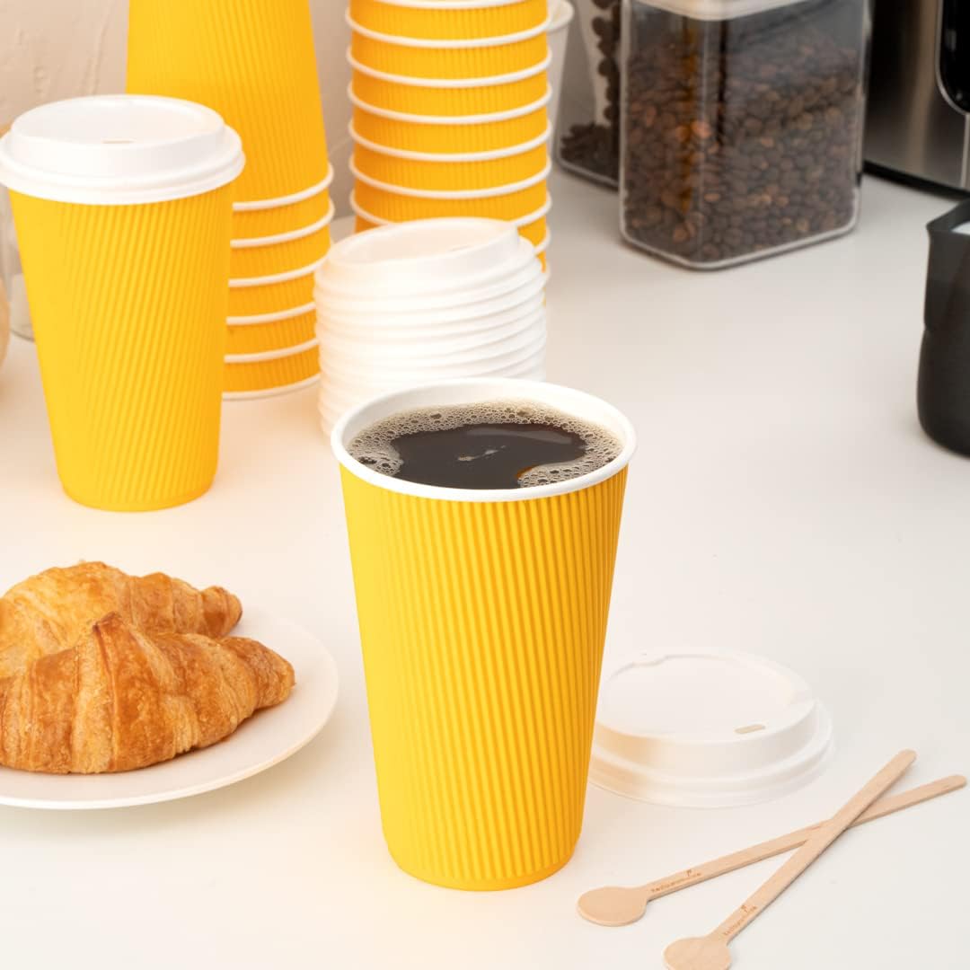 Restaurantware 16 Ounce Ripple Wall Disposable Coffee Cups, 500 Insulated Yellow Paper Tumblers with Rolled Rim Design, Lids Sold Separately for Hot Drinks like Tea, Hot Chocolate and More